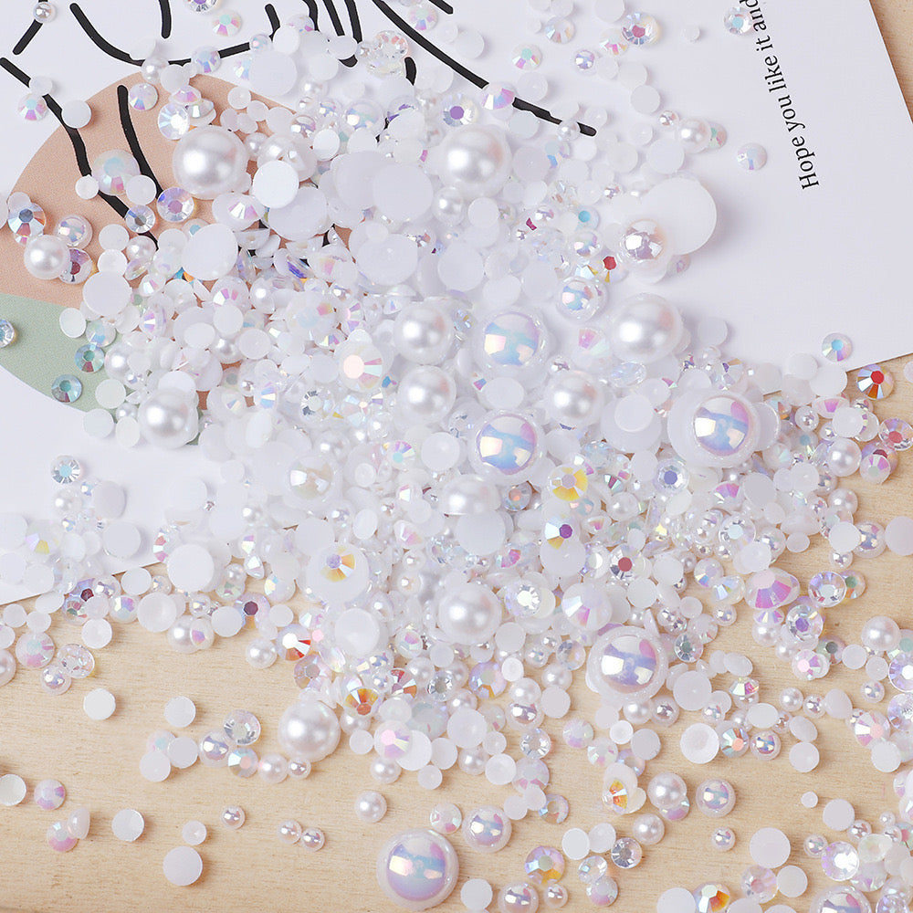 NEW【A139】Half Pearl and Rhinestones mix | Flat back pearls |Mixed colours and size| 3-10mm